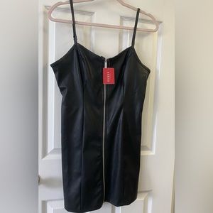 Black Faux Leather Spaghetti Strap Dress With Front Zipper/ Size M